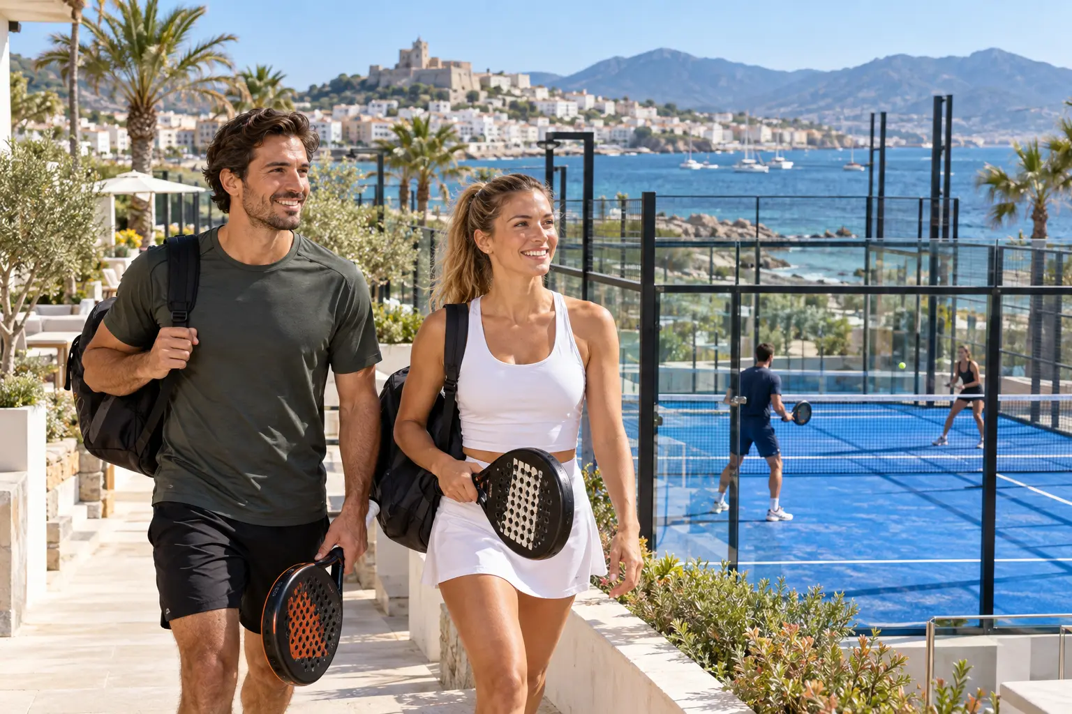 Szemléltető jelenet egy tengerparti padel klubba érkező utazókról